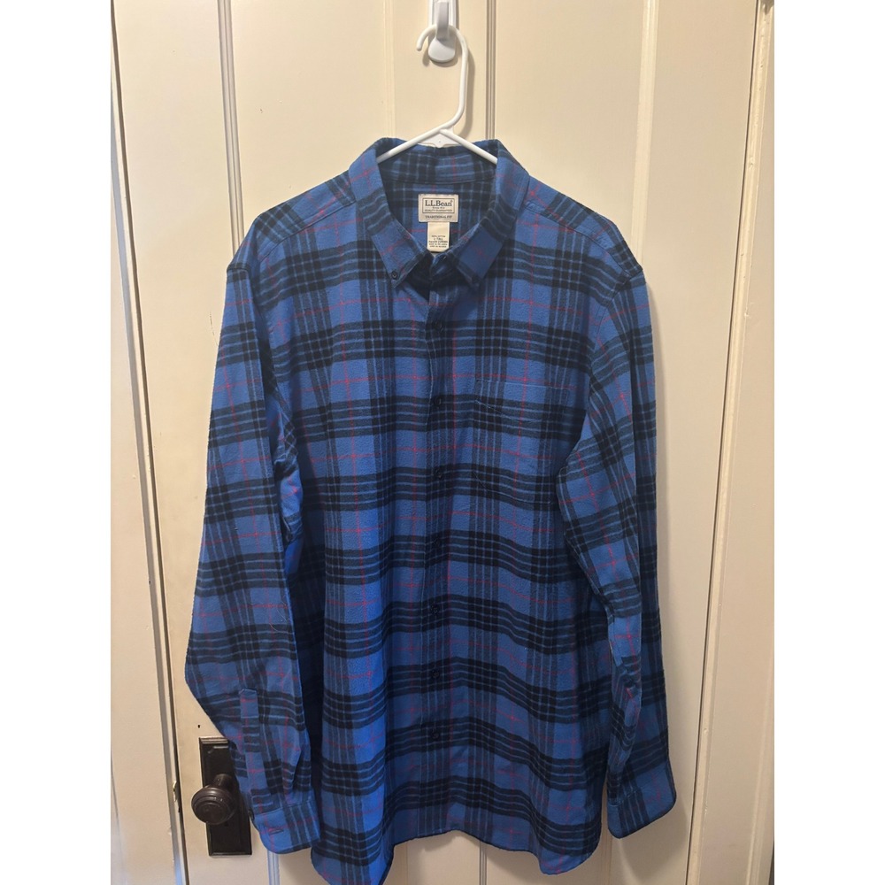 LL Bean Mens Flannel Shirt L Tall Blue Black Plaid Traditional Fit 228066 Cotton